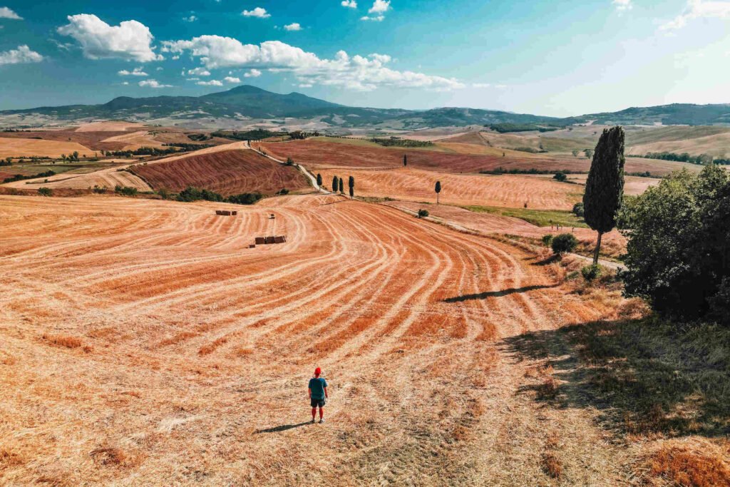 Mensch mit roter Cappie steht mitten auf dem Feld im Val d'Orcia