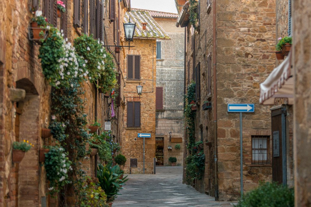 Blick auf Gasse in Pienza mit bewachsenen Hauswänden