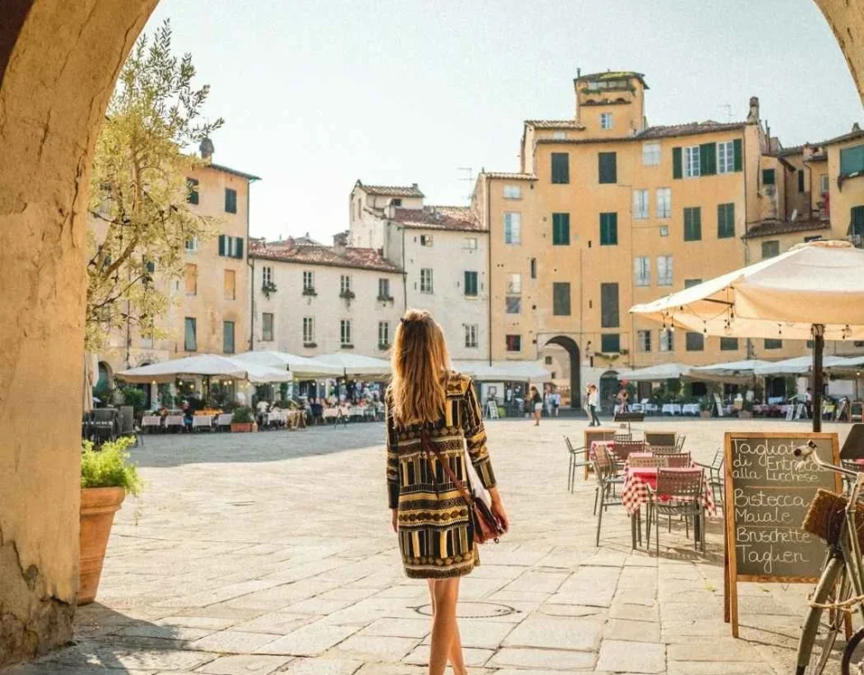 Frau stehend auf Piazza Anfiteatro in Lucca