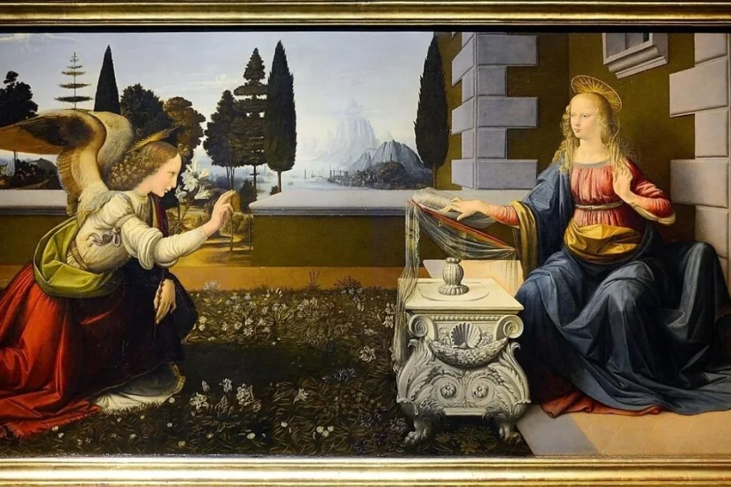 Gemälde die Verkündung von leonardo da vinci in den uffizien